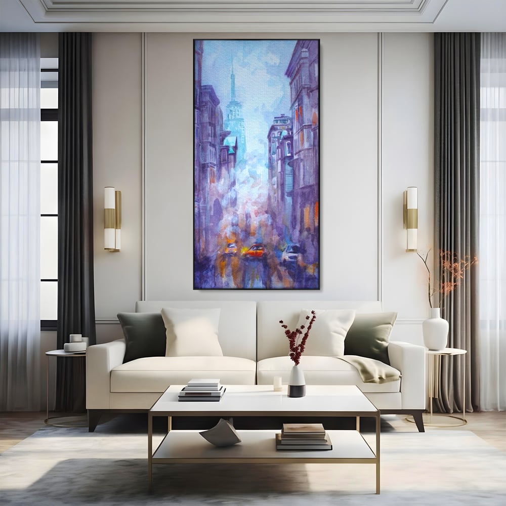 Tablou canvas cu tablou canvas pictura urbana cu masina portocaliu, in rama de aluminiu negru, pe perete intr-un living
